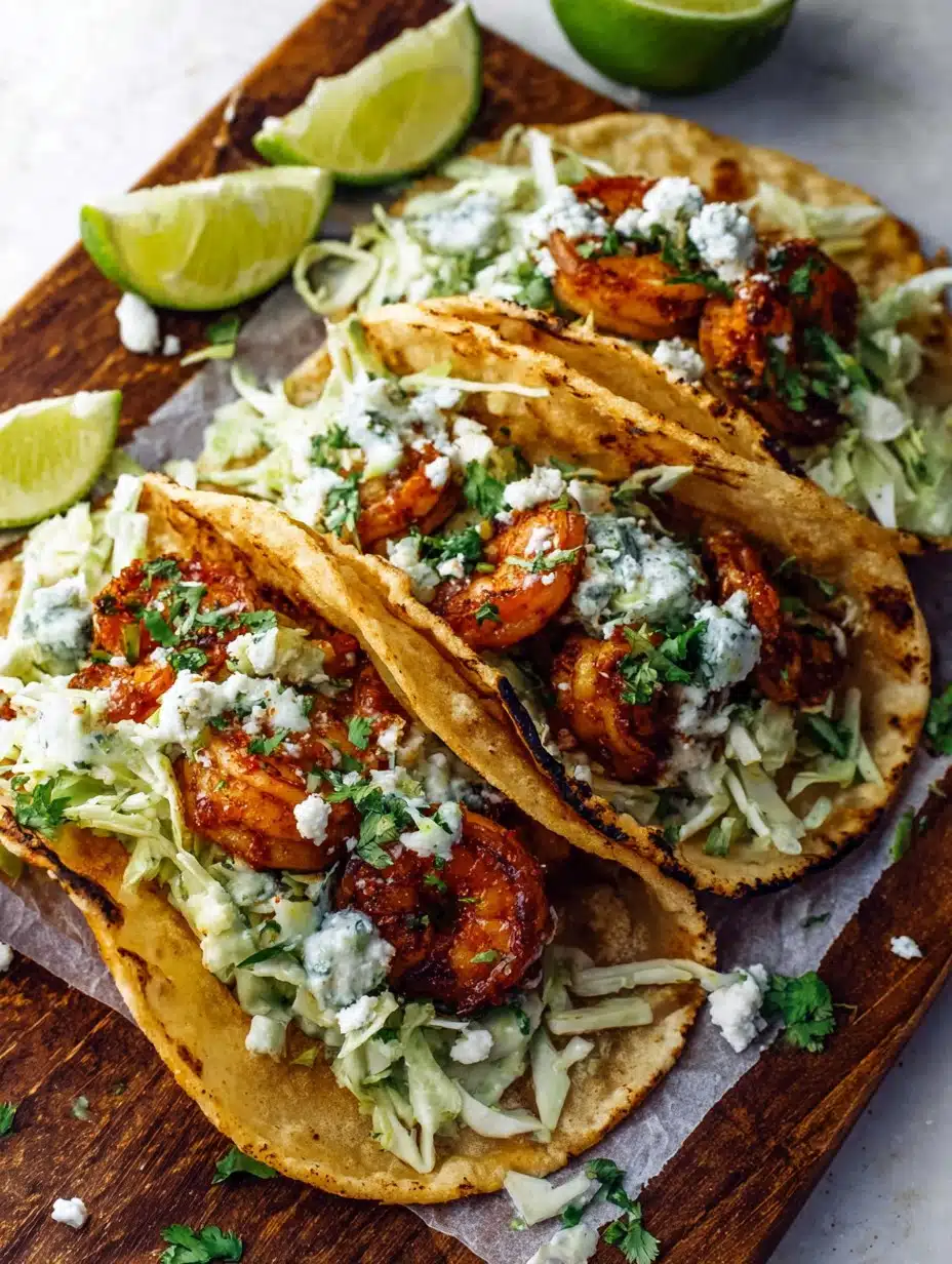 Spicy Shrimp Tacos with Garlic Cilantro Lime Slaw