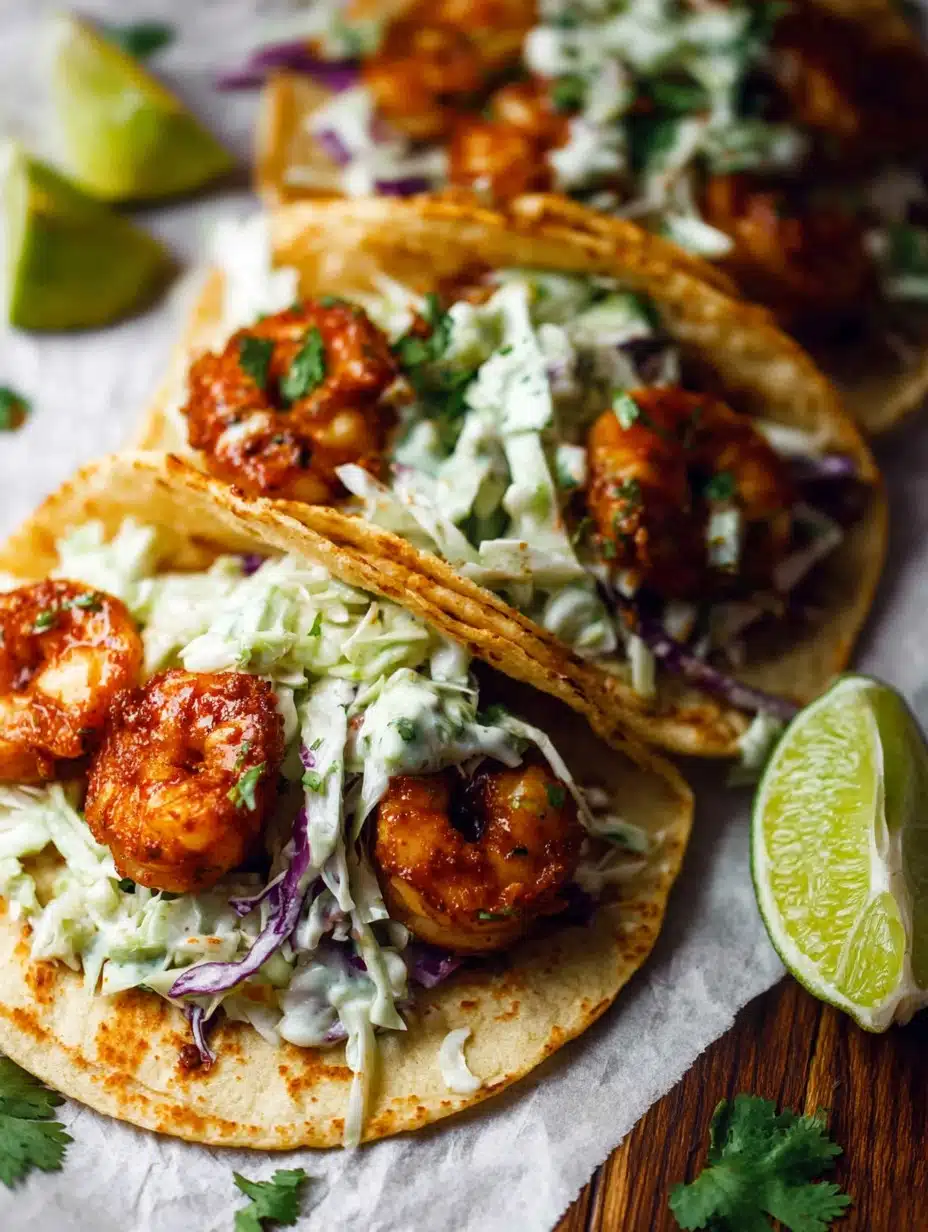 Spicy Shrimp Tacos with Garlic Cilantro Lime Slaw