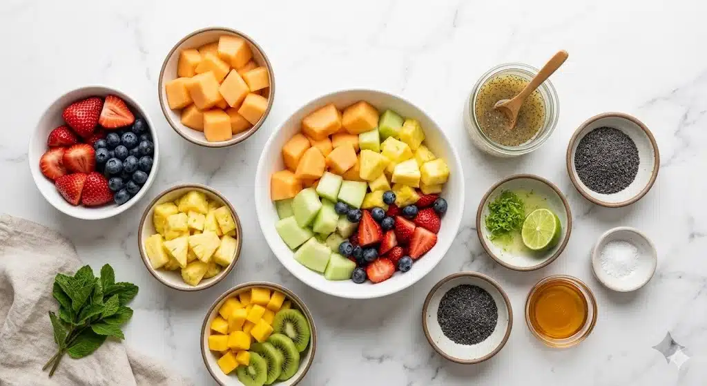 Fresh Fruit Salad with Honey Lime Poppy Seed Dressing