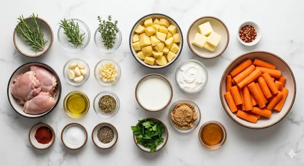 Garlic Herb Chicken with Mashed Potatoes and Glazed Carrots