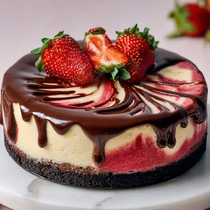Chocolate Strawberry Swirl Cheesecake with Ganache Topping