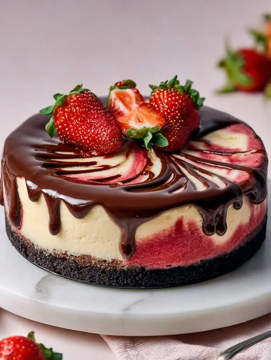 Chocolate Strawberry Swirl Cheesecake with Ganache Topping