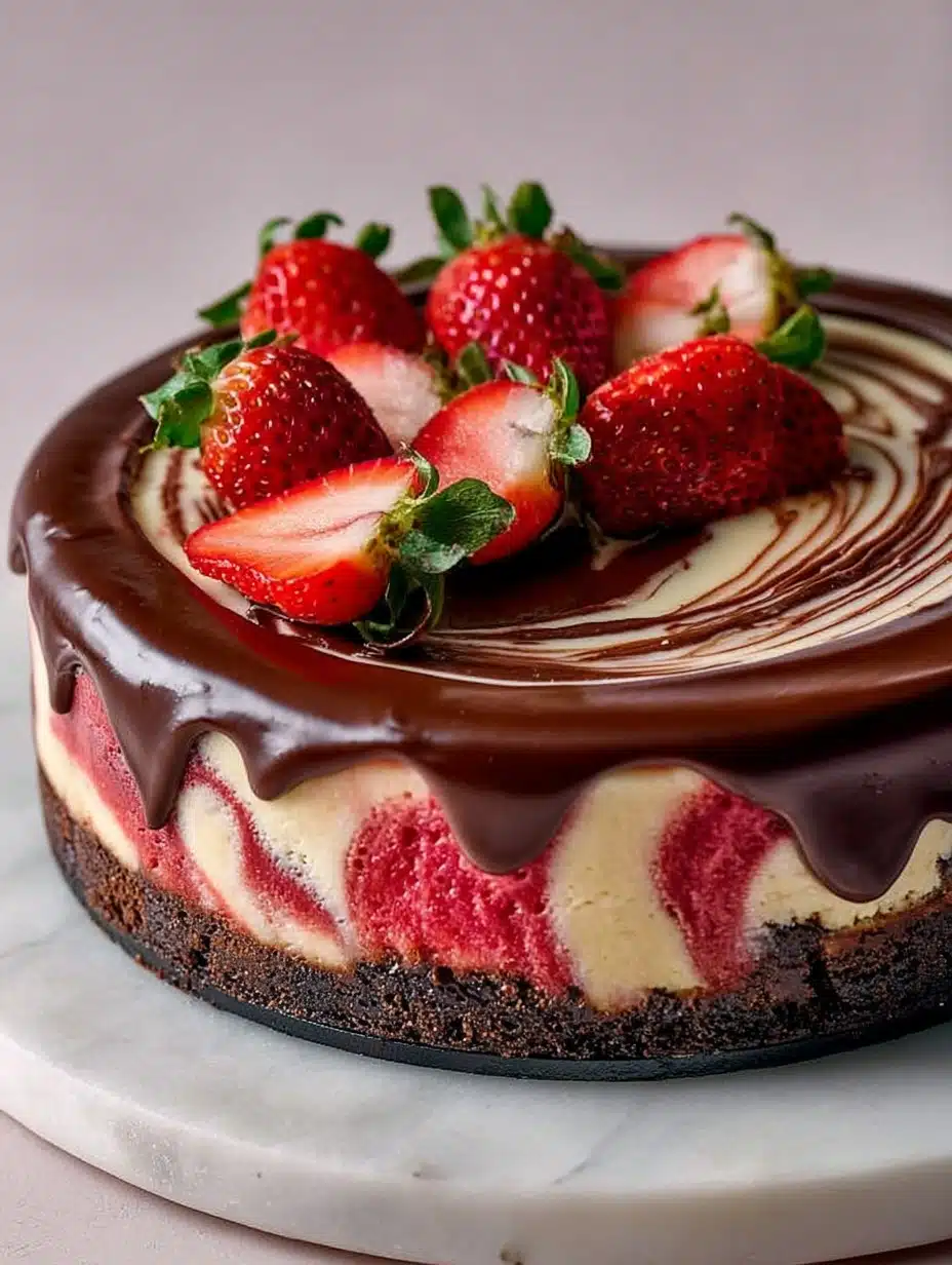 Chocolate Strawberry Swirl Cheesecake with Ganache Topping