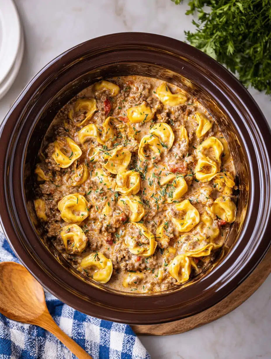 Crockpot Creamy Ground Beef Tortellini