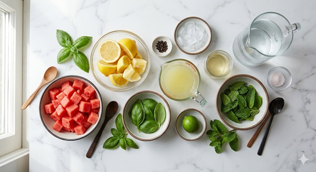 Watermelon Lemonade with Basil and Mint